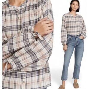 Faherty Everleigh Top Women S Tie Sleeve Peasant Blouse Boho Prairie Cream Plaid